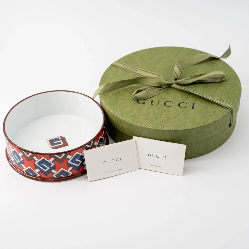Gucci Dog Bowl Geometric G Water Food Porcelain Red Blue